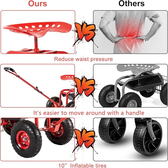 J-Sun-7 Garden Cart with Seat - Steel Rolling Garden Scooter Stool with Wheels, 360 Degree Swivel Work Seat, Adjustable Handle, Tool Tray, Basket, Gardening Stools for Seniors, Red