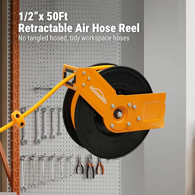 Retractable Air Hose Reel, 1/2" x 50FT Hybrid Air Hose, 300PSI Max, Auto-Rewind & Length-Lock, 1/2" NPT Fitting, Ceiling/Wall Mount Heavy Duty Single Arm Steel Reel for Workshop/Garage