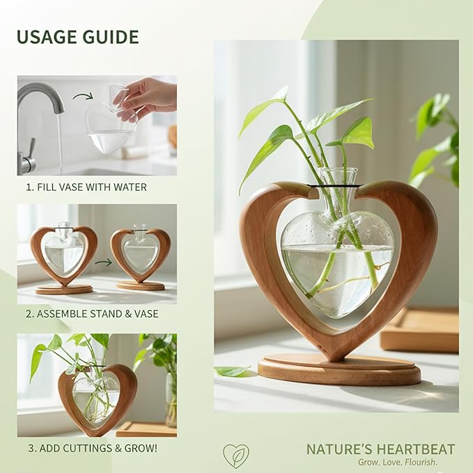 Plant Propagation Station, Heart-Shaped Hydroponic Glass Vase with Solid Wooden Stand, Rooting Vase for Cuttings, Gifts for Plant Lovers Mom Wife, Home Office Wedding Tabletop Decor