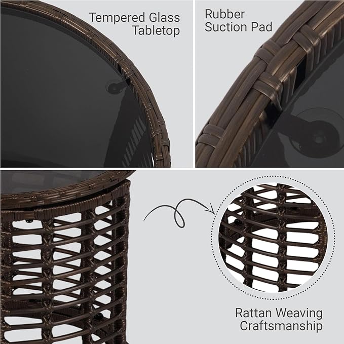 Patio Rattan Side Table - Outdoor Wicker Fashionable Side Table, Round End Table with Glass Table Top for Garden, Backyard, Porch, Deck, Black Gold