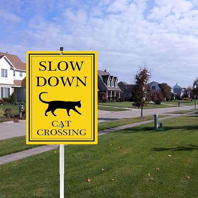 Cat Crossing Sign With Stake Slow Down Sign For Neighborhoods Caution Drive Slowly Watch for Cat Safety Sign for Street Rustproof Reflective Aluminum Animal Signs for Driveway 8x12 IN