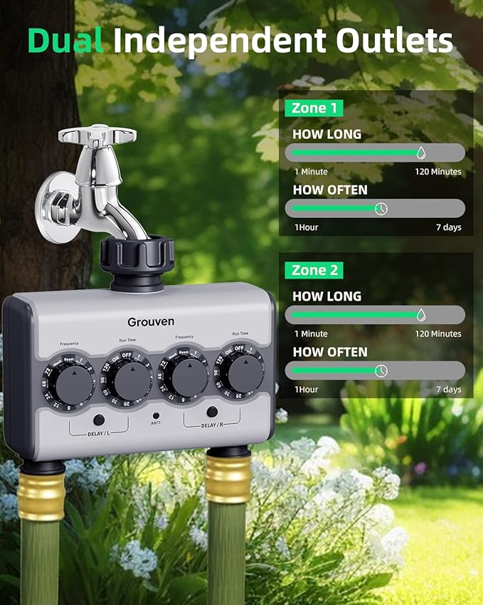 Dual Outlet Ball Valve Water Timer, Brass Inlet Sprinkler Timer No Water Pressure Required 2 Independent Zones with Rain Sensor Port & Delay Function for Garden Lawn Flower Bed