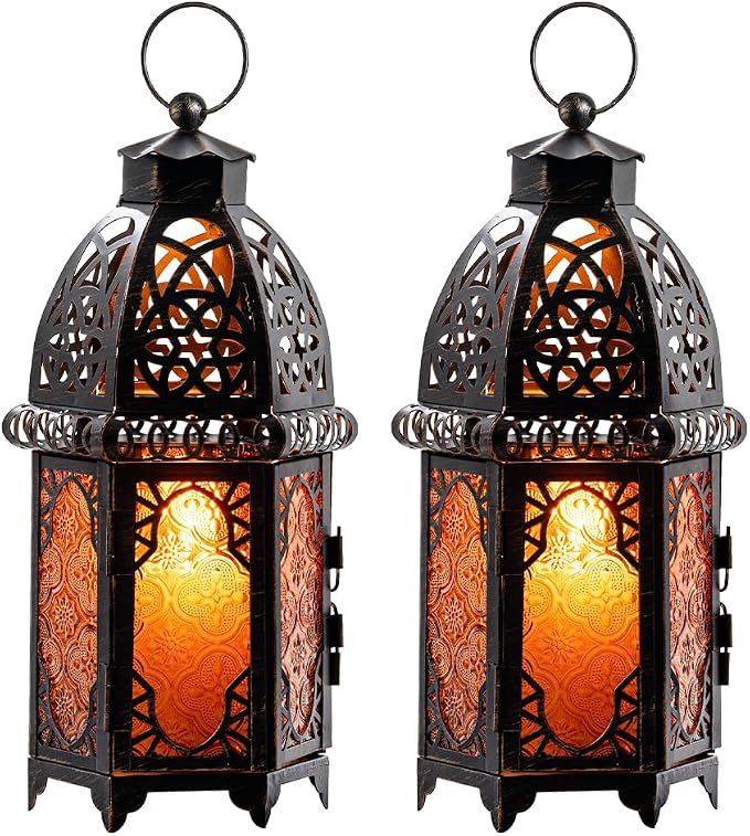 NEEDOMO Set of 2 Moroccan Lanterns Decorative Indoor & Outdoor, Hanging Candle Lantern, 11'' Vintage Candle Holder, Metal Lanterns Decorative, Table, Patio, Porch, Shelf, Gothic Home Decor (Amber)