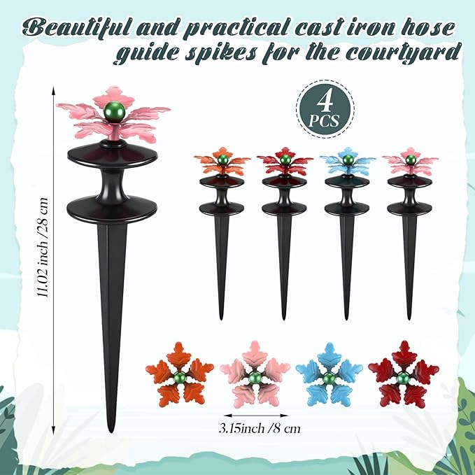 Zonon 4 Packs Hose Guide Spike Decorative Flower Cast Iron 11-inch Metal Heavy Duty Garden Hose Guide Stakes Heavy Duty Black Antique Tools for Garden Lawn Yard Farm Outside Plants Protection