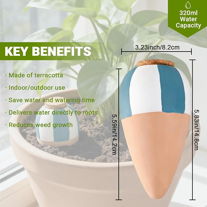 RoseFlower Terracotta Watering Spikes, Self Watering Planter Insert, Clay Watering Spikes, Vacation Automatic Plant Waterer Plant Watering Devices for Indoor Outdoor Home Office Plants