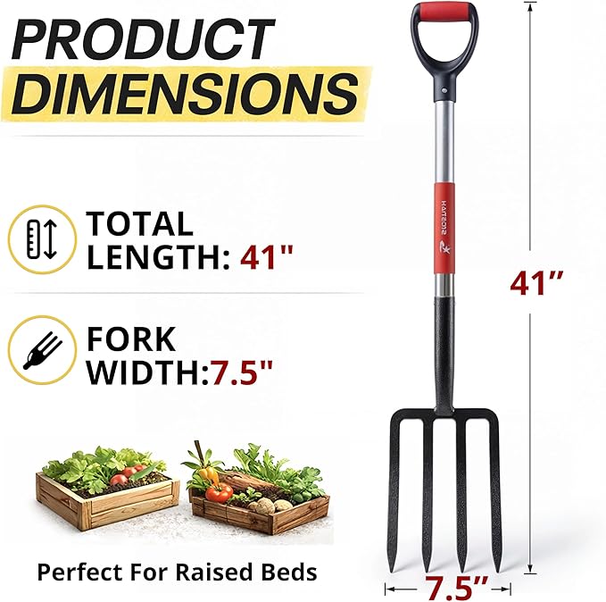 Digging Spading Fork Forged Steel with D Grip Handle 41” Premium 4-Tine Spading Digging Fork Sturdy Metal D-Grip Multi-Purpose Virtually Unbreakable Gardening Tool