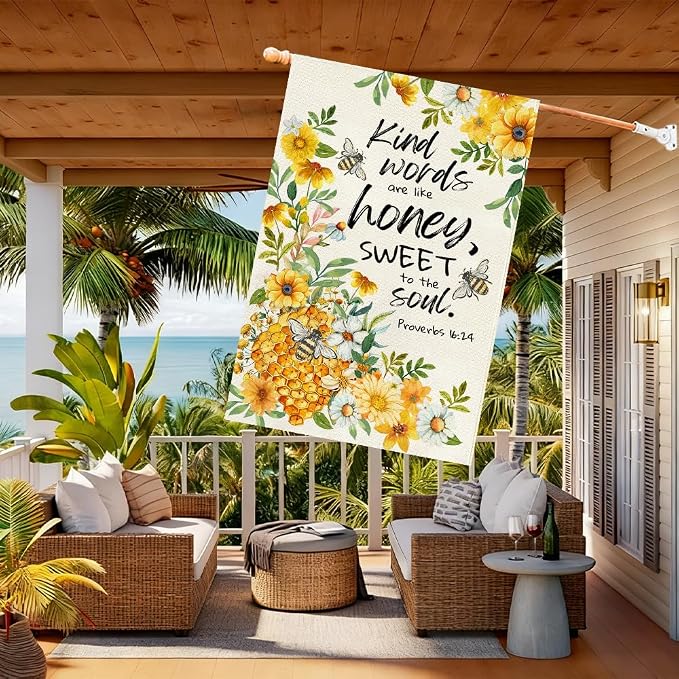 Baccessor Summer Bee House Flag 28x40 Inch Double Sided Burlap, Kind Word Honey Sweet Yellow Floral Flowers Holiday Porch Patio Outdoor Outside Decoration