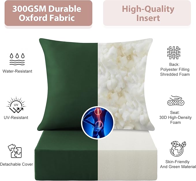 Outdoor Deep Seat Cushion Set, 24x24 Inch Water-Resistant & Fade-Resistant Outdoor Chair Cushions, Patio Furniture Cushions with Removable Cover for Patio Chair, Sofa, Forest Green (Set of 6)
