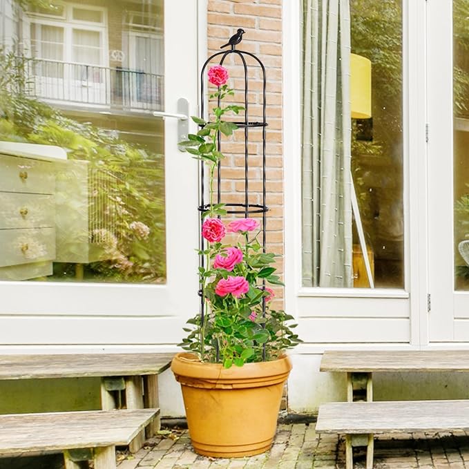 FOLLOOK Garden Obelisk Trellis for Climbing Plants Outdoor, Lightweight Climbing Plant Support Flower Roses Clematis Vegetable Light Vines Round Trellis for Raised Garden Bed Planter, Black, 1 Pack
