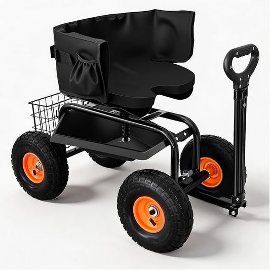 Garden Seat with Wheels, 400lbs Rolling Garden Stool, with Height Adjustable & 360° Swivel Seat, Tool Tray & Storage Basket, Outdoor Gardening Scooter, Garden Cart Workseat for Yard, Patio
