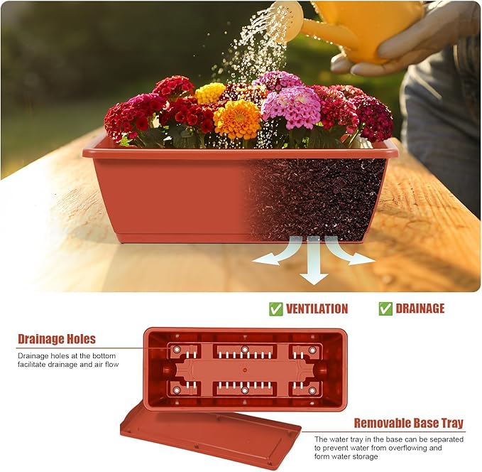 Railing Planter Box 4 Pack Window Boxes Planters 16.9 Inch Rectangular Planter with Adjustable Brackets 2 Tier Outdoor Balcony Hanging Planters Set of 2 for Railings Garden Porch Patio, Brick Red