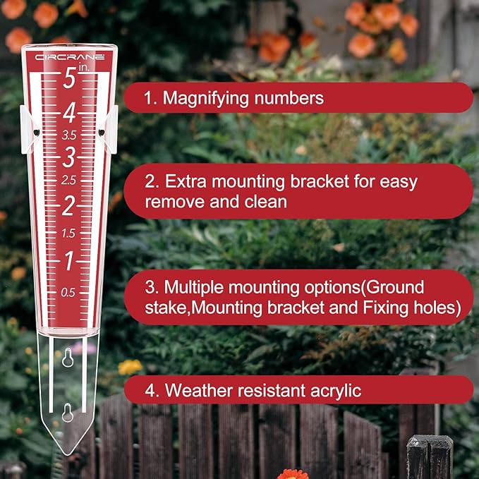 Circrane 5-Inch Capacity Outdoor Rain Gauge with Additional Hang Bracket& Stainless Steel Screws, Magnifying Scale and Numbers Design for Easy Read (Red)