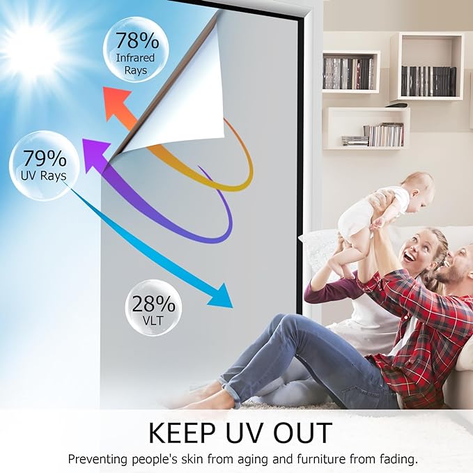 HIDBEA One Way Privacy Window Film, Daytime Privacy Sun Blocking Anti UV Reflective Window film Heat Control Static Cling Window Tint film for Home and Office, Silver, 35.4 x 98.4 Inch