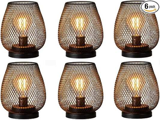 Set of 6 Battery Operated Lamp LED Table Lantern, Brown Metal Cage Cordless Lamps with LED Bulb，Vintage Decorative Outdoor Lantern for Weddings, Parties, Patio, Events for Indoors Shelf Decor
