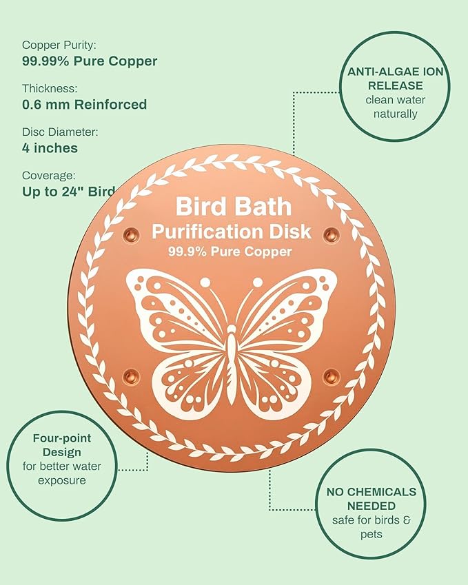 Bird Bath Purification Disk Pure Copper Backyard Outside Solar Power Wild Hummingbird Pedestal Fountain Cleaner Outside Humming Feeder Cage Dispenser Ground Safe Lover Women Gifts