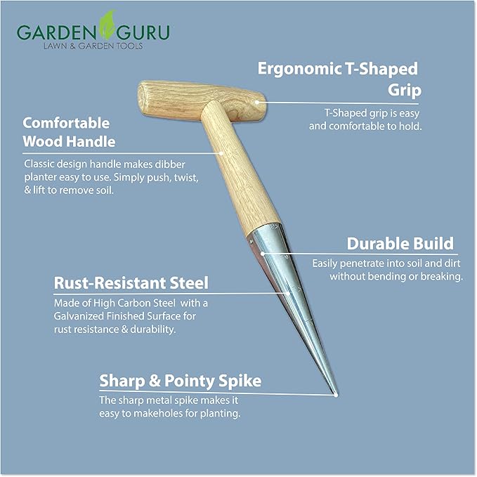 Garden Guru Steel Dibber Planter Tool for Planting Seeds & Bulbs - High Carbon Steel & Comfortable Wood Carved Handle - for Consistent Planting Flowers Tulips, Daffodils, Dahlias