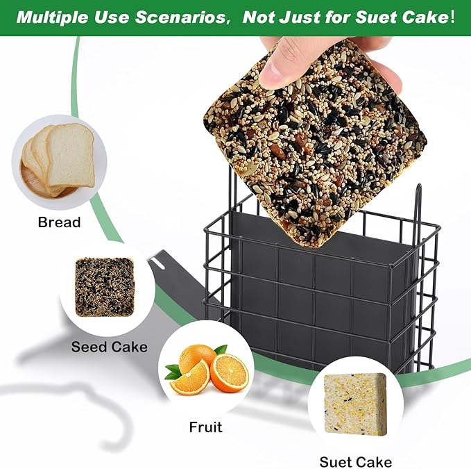 Gbekery All-Metal Double Suet Bird Feeder for Outdoors Hanging, Suet Cake Cage Holder with Weather-Resistant Roof & Perch for Outside Garden, Black