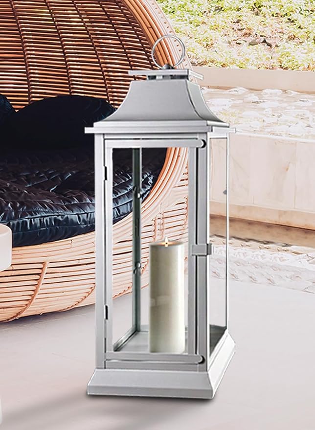 Serene Spaces Living White Hurricane Lanterns with Clear Glass Panels, Perfect for Home Decor, Parties & Events, Table Top Or Hanging Lantern for Indoor & Outdoor, 9.5" Square & 25" Tall