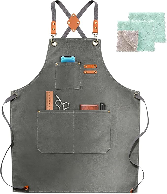 ZOMAO Chef Apron, Apron for Men Women with Adjustable Straps Cotton Canvas Cross Back Adjustable Apron with Pockets for Women and Men(Grey)