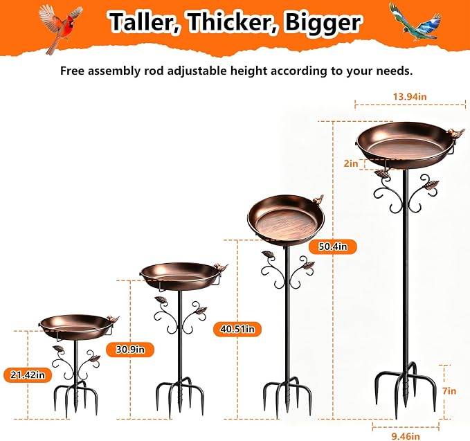 50" Tall Metal Bird Bath for Outside - Removable Birdbath Bowl with Stable 5-Prong Auger Base, Easy Clean Garden Yard Patio Lawn Decor, Rust-Proof