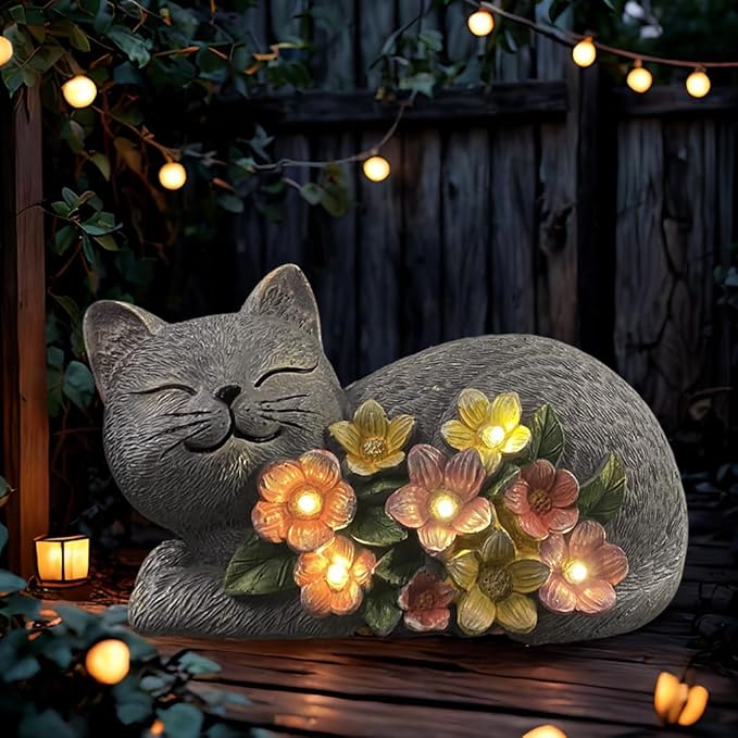 Solar Cat Garden Statue, Resin Solar Cat Lights with Flower for Outside, Outdoor Cats Statues for Lawn Porch Yard Art - Birthday Gifts for Mom Grandma Women