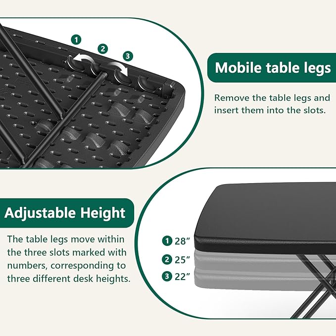 Folding Table 2 Pack,30 Inch-Small Desk Adjustable Height TV Tray for Laptop, Couch, Camping - Heavy Duty Utility Foldable Table for Small Spaces, No Assembly Required, Black Granite