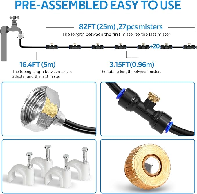 HOMENOTE Misting Cooling System, 98FT(30M) Pre-Assembled Kit with 27 Brass Nozzles & 3/4" Brass Adapter, Cooling Mister for Patio, Backyard, Pets, Garden & Greenhouse