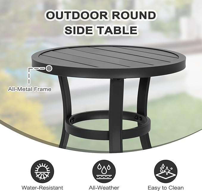 NUU GARDEN Metal Side Table, Weather Resistant 20" Patio Table, Outdoor Bistro Table, Outside End Table for Patio, Pool, Deck, Balcony, Porch, Outdoor or Indoor Use, Black