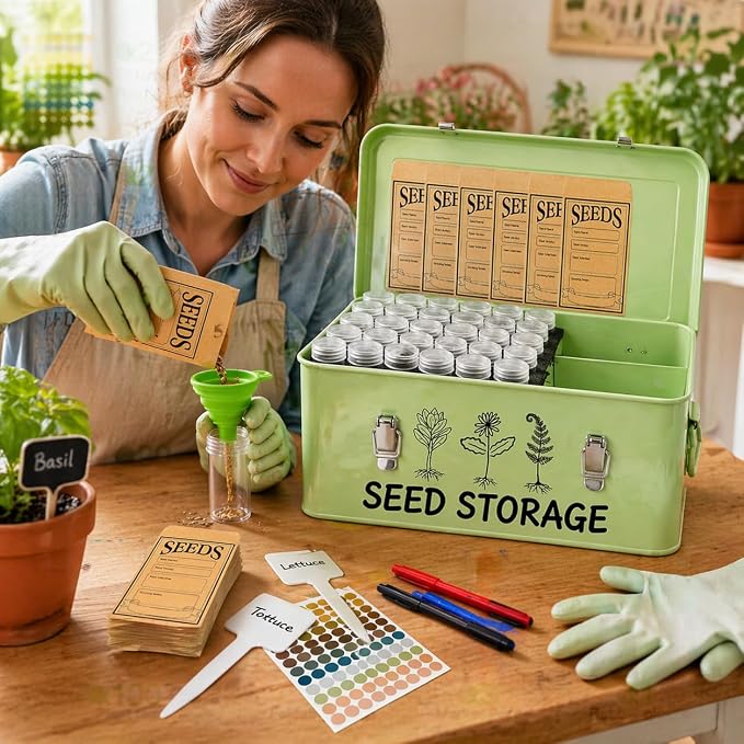 FOCHIER F Large Metal Seed Storage Organizer Box with Lid, Double-Layer Seal Design, 304 Stainless Steel Safety Lock, Handles, Extra Seed Envelopes and Labels