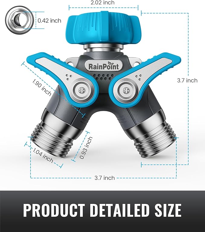 RAINPOINT Garden Hose Splitter 2 Way Heavy Duty,Water Hose Y Spigot Splitter with Shutoff Valves, 100% Metal Body Outdoor Spigot Splitter, 1.9" Extra Long Metal Handle, 3/4" GHT Thread(Blue)