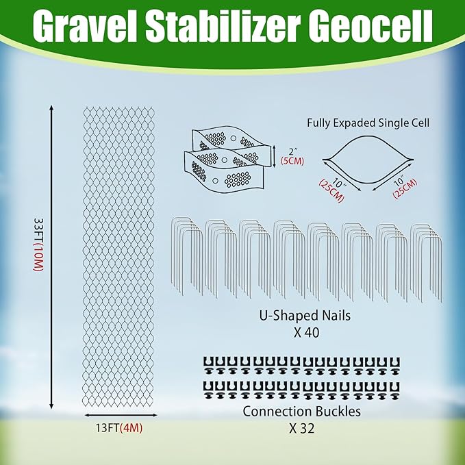 2" Thick Gravel Ground Grid 13ft x 33ft - Geo Grid Driveway Stabilization Grids, Gravel Retainer Grid 1885 LBS Per Sq ft, Geocell Geogrid for Walkway Driving RV Parking Slopes and Garden