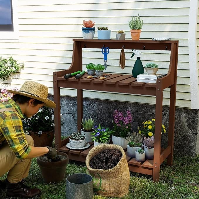 Potting Benches for Outside, HDPE Garden Potting Table All Weather, Outdoor Potting Table with Storage for Patio, Backyard, Garden, Brown