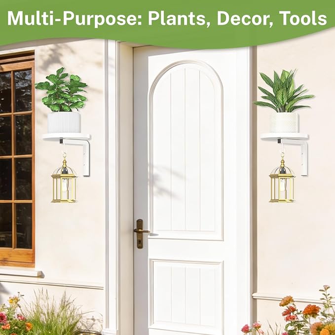 iDavosic.ly Wall Plant Holder Set of 2 for Indoor Outdoor, Metal Hanger with 2 Hooks, Floating Flower Display Stand for Window, Space Saving & Easy to Assemble (Pots/Chains/Plants Not Included), White