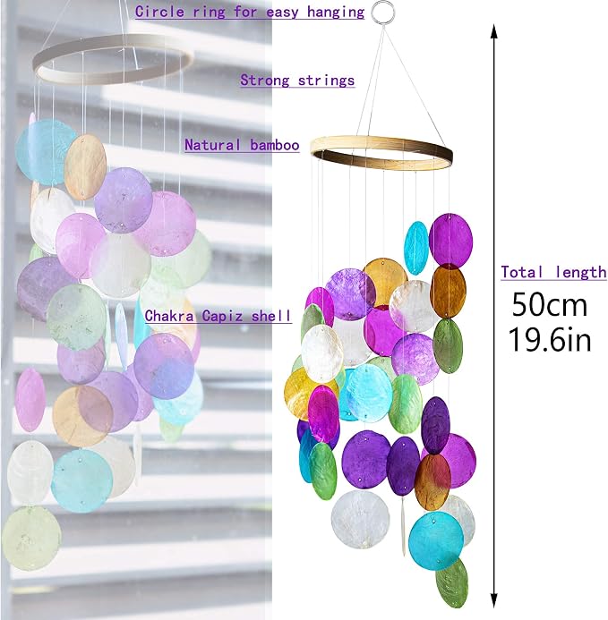 YUFENG Wind Chimes Outdoor Decor, Metal Memorial Windchimes Hanging Decoration for Garden Home Yard and Christmas Tree, 19.6''Rainbow Capiz Seashell Handmade Painted Coastal Mobile