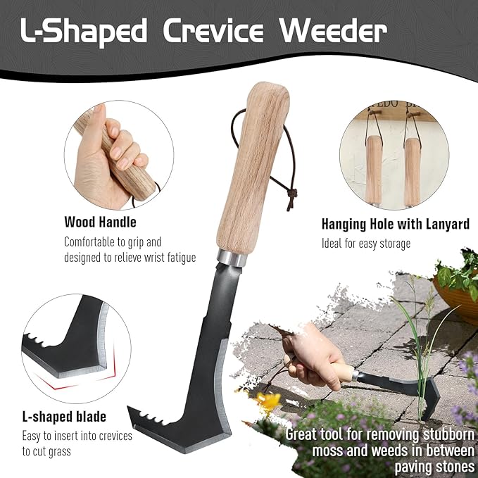 3-Pack Hand Weed Puller Tool, Stainless Steel Garden Trowel with Wooden Handle,L-Shaped Crevice Weeder,Curved-Tip Weed Tool for Effectively Pulling Out Weeds and Their Roots