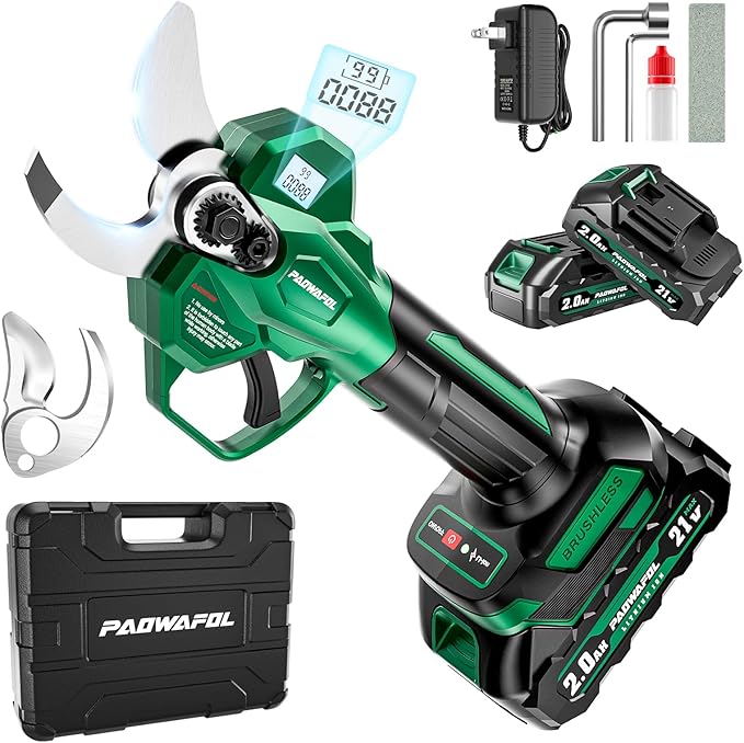 Electric Pruning Shears, 1.6" (41mm) Cutting Diameter Cordless Electric Scissors with LCD Display, 21V Brushless Motor Branch Cutter with 2 PCS Rechargeable 2000mAh Batteries & 2 Blades (Green)