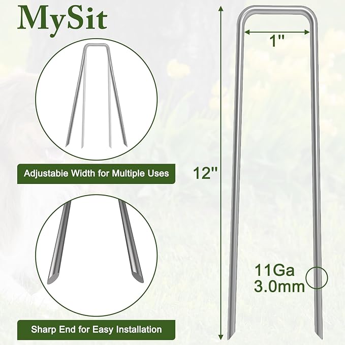 MySit 12" Garden Stakes Pins Landscape Staples 11Ga Tent Stakes 200Pack, Heavy Duty Galvanized Steel Metal Yard Stakes Ground Lawn Staples Fence Anchors for Weed Barrier Fabric