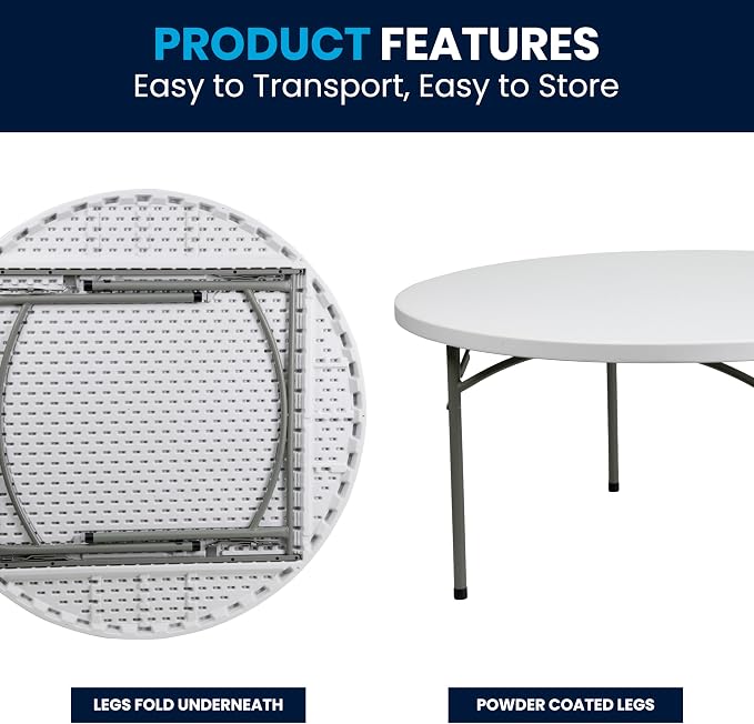 Flash Furniture 5' Round All-Occasion Plastic Folding Event Table for Parties and Trade Shows, Folding Banquet Table for Indoor/Outdoor Events, White