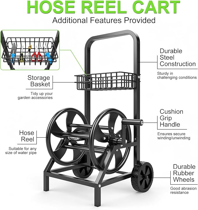 Garden Hose Reel Cart, Heavy Duty Hose Reel with Wheels, Hold Up to 200 ft of 1/2’’ Hose, Mobile Hose Reel Cart for Outside, Metal Water Hose Reel with Storage Basket for Backyard, Garden, Lawn
