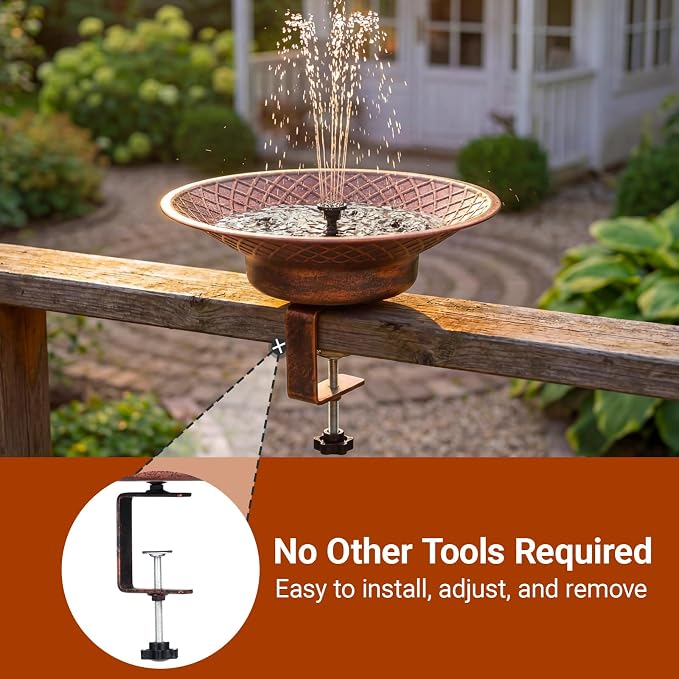 12.6" Deck Mounted Bird Bath for Outside, Metal Solar Powered Bird Bath Fountain, Heavy Duty Railing Clamp for Balcony Fence, Detachable Deck Bird Bath for Garden