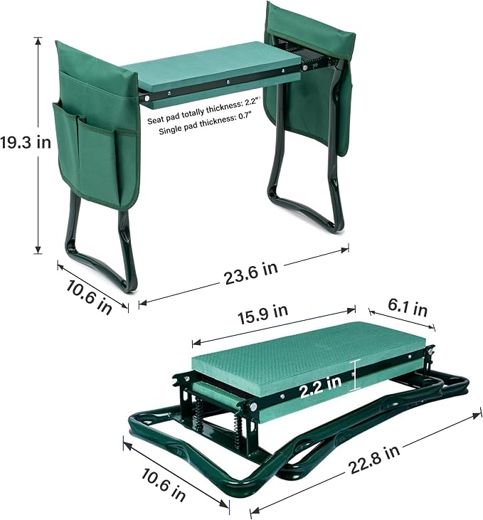 iPower Upgraded Garden Kneeler and Seat, with Sturdy Soft EVA Foam Pad, 2 Tool Pouch, Hold 330lb, Portable Foldable Kneeling Bench, for Gardening, Fishing, Camping, Green