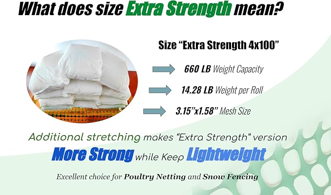 PotatoLife Plastic Mesh Fence Safety Fence, Extra Strength 4'x100' Roll with 100 Zip Ties, Resuable Temporary Netting for Garden Fencing, Construction, Snow Fencing, Animal Barrier, Poultry, Deer, Dog