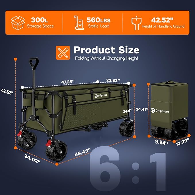 Originsure 48" L Collapsible Wagon Cart Foldable, 560lbs Weight Capacity 300L Heavy Duty Folding Beach Wagons with Big All-Terrain Wheels, Utility Carts for Groceries, Camping, Sports - Green