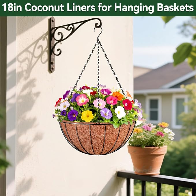 ZeeDix 4 Pack 18 Inch Coco Liners for Hanging Baskets, Round Coconut Liners for Planters Natural Coco Coir Fiber Replacement Liner for Flowers Vegetables Patio Porch Garden Decor