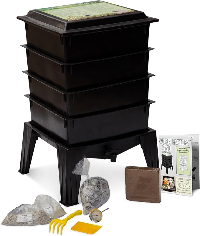 Worm Factory® 360 Black US Made Composting System for Recycling Food Waste at Home – 4 Trays for Efficient Vermicomposting – Durable, Space-Efficient Design, Easy to Assemble, No Odor