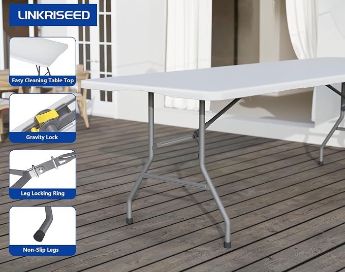8FT White Folding Table for Outdoor, 8 Foot Picnic Tables No Assembly Required Portable, White Foldable Table for Camping, Parties, Meeting, Events, Wedding, BBQ, with Carrying Handle