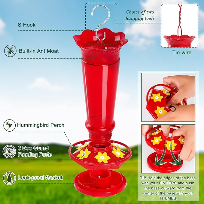 Gbekery Glass Hummingbird Feeders for Outdoors Hanging Ant and Bee Proof Red 10 OZ Bird Feeders for Outside Hanging 6 Feeding Stations Bird Nectar Feeder for Garden Yard Décor Gifts for Mom