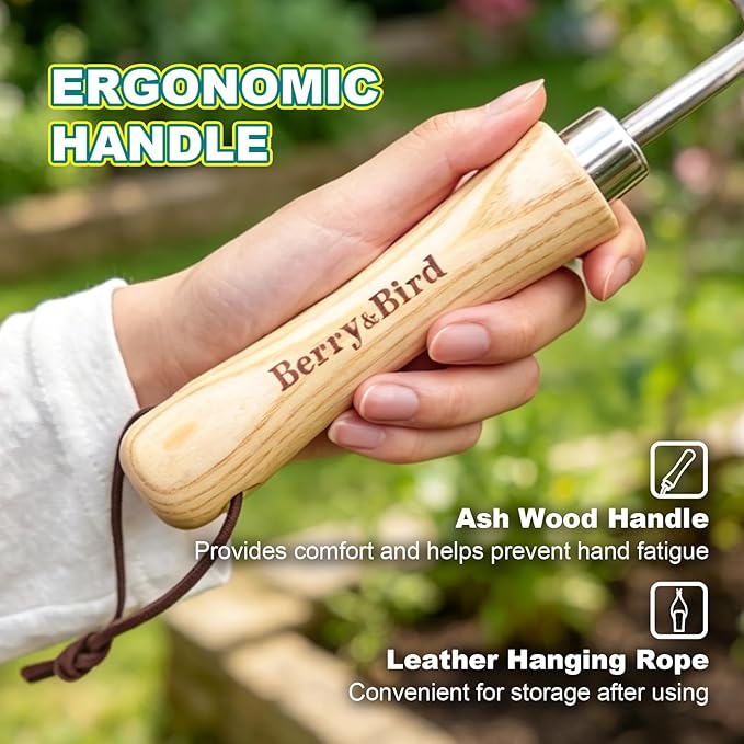 Berry&Bird 4" Measuring Transplanting Trowel, Stainless Steel Garden Hand Shovel with Ash Wood Handle & Leather Hanging Loop, Heavy Duty Gardening Tool for Digging, Planting, Potting & Loosening Soil