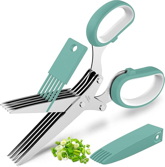 Herb Scissors with 5 Blades and Cover, Kitchen Herb Cutter with Cleaning Comb, Stainless Steel Multi Blade Herb Shears for Basil Parsley Cilantro, Easy Clean Cooking Tool, Unique Kitchen Gadgets Gift