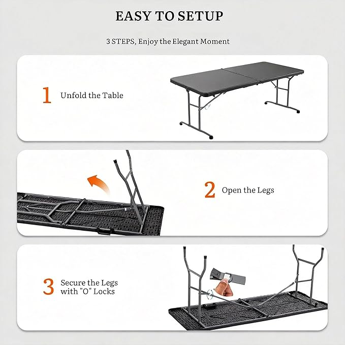 DWVO 6FT Folding Table, Heavy Duty Folding Tables with Carrying Handle, HDPE Fold up Table for Outdoor Camping Picnic Parties, Indoor Events, Black